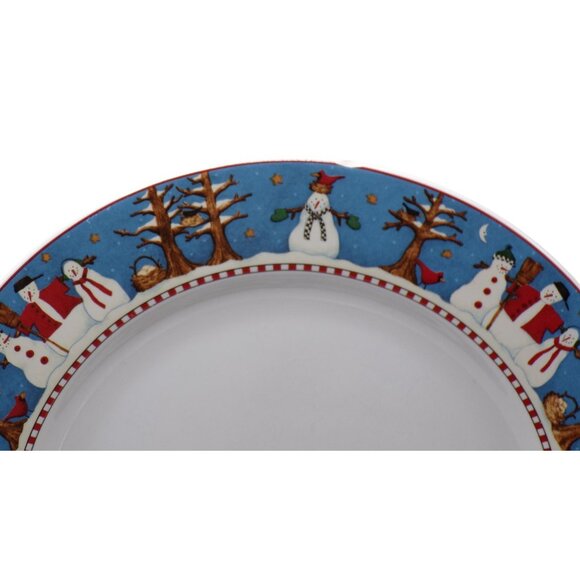 Sakura Debbie Mumm (4) SNOWMAN Blue & White Holiday Dinner Plates 10.75" READ - Picture 3 of 5